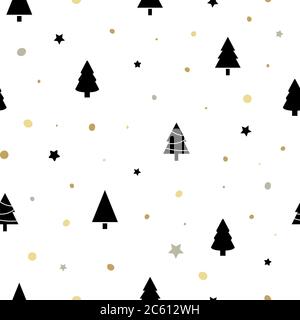 Christmas seamless pattern with black christmas trees, golden snow and stars. Winter Holidays design for wallpaper, web page background, wrapping pape Stock Vector