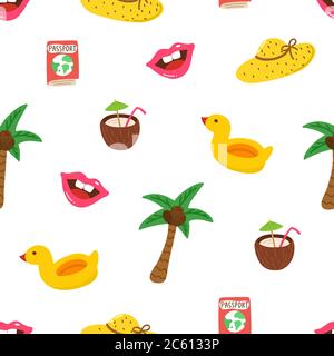Summer pattern with hand drawn palm tree, hat, coconut juice, pink lips, passport. Tropical seamless pattern. Fashion design. Modern vector Stock Vector