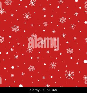 Seamless pattern of white snowflakes on red background. Snowfall