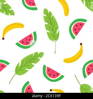 Tropical fruits and leaves seamless pattern. Summer background with watermelon slices and banana. Modern template for print, banner. Vector Stock Vector