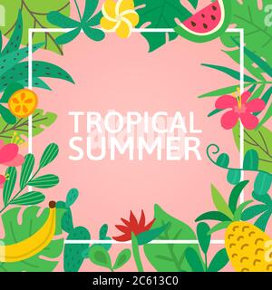 Aloha concept. Hand drawn lettering on pink background. Tropical leaves, fruits and flowers for poster, banner, flyer. Summer vector Stock Vector