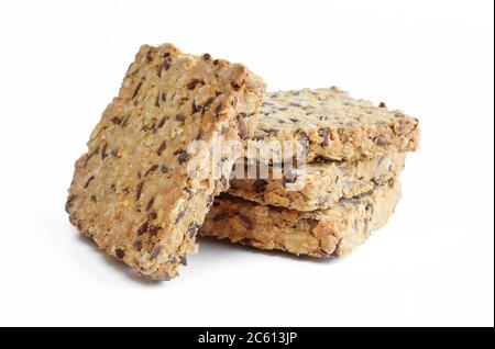 Healthy crackers isolated on white background. Crunchy Biscuits made of seeds Stock Photo
