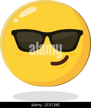 Cute smiling emoticon wearing black sunglasses. Cartoon Isolated vector illustration on white background Stock Vector