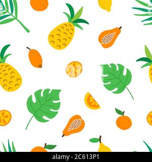 Tropical fruits and leaves seamless pattern. Cute summer background with pineapples, lemon slices and oranges, monstera leaves. Vector Stock Vector