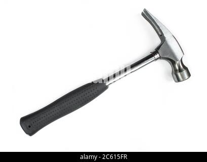 Silver Hammer with nail puller and rubbery handle isolated. Black and white photo Stock Photo