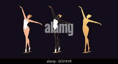 Golden ballerina woman in outline style. Set of gold silhouette, Ballet dancer with flying hands. Ballet posture and posing, dance performance. Vector Stock Vector