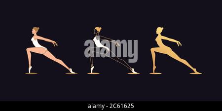 Golden ballerina woman in outline style. Ballet dancer, set of gold silhouette. Ballet posture and posing, dance performance. Vector illustration Stock Vector