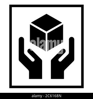 Handle with care flat icon with black frame isolated on white background. Fragile package symbol. Label vector illustration . Stock Vector