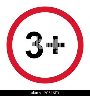 3+ restriction flat sign isolated on white background. Age limit symbol. No under three years warning illustration . Stock Vector