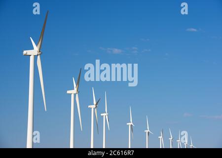 Wind turbines for electric power production, Zaragoza province, Aragon in Spain. Stock Photo