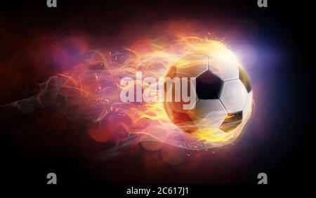 Football ball bright flamy symbol on the black background. Stock Photo