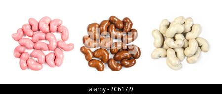 Piles of chocolate covered corn flips isolated on white background. Pink,black and white candy sweets. Delicious treats Stock Photo
