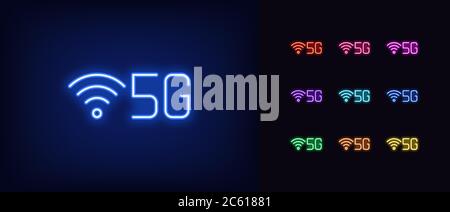 Neon 5G network icon. Neon 5g technology sign, set of isolated symbol for high speed internet in vivid colors. Fast internet 5 generation. Glowing ico Stock Vector