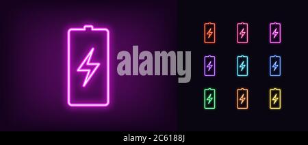 Neon battery icon. Neon charge battery sign with lightning, set of isolated electric accumulator in vivid colors. Charger, charge station. Glowing ico Stock Vector