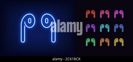 Neon mini headphones icon. Glowing neon earphone sign, set of isolated wireless headphones in vivid colors. Mobile device and gadget. Bright icon, sig Stock Vector