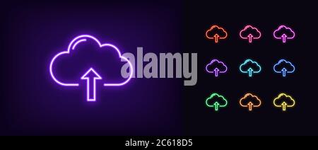 Neon cloudy upload icon. Glowing neon cloud storage sign, set of isolated network server service in vivid colors. Cloud uploading data platform. Icon, Stock Vector