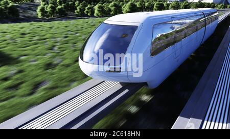 futuristic sci fi monorail train. Concept of future. Futuristic city background. Grass field. 3d rendering. Stock Photo