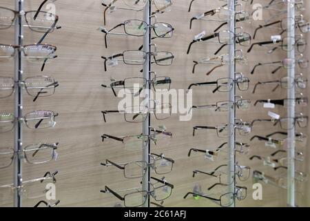 optics store with a large selection of fashionable eyeglass frames Stock Photo