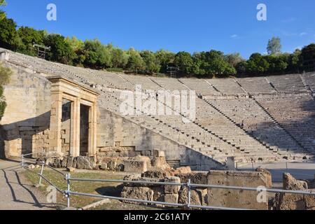 Greece. Ancient Theatre in Epidaurus (also Epidauros, Epidavros) built in 340 BC. This beautiful and best preserved theatre is on UNESCO World Heritag Stock Photo