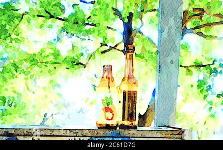 watercolorstyle representing two empty beer bottles on a wooden surface Stock Photo