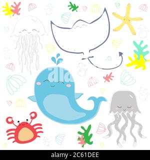 Cute sealife underwater vector illustration background Stock Vector