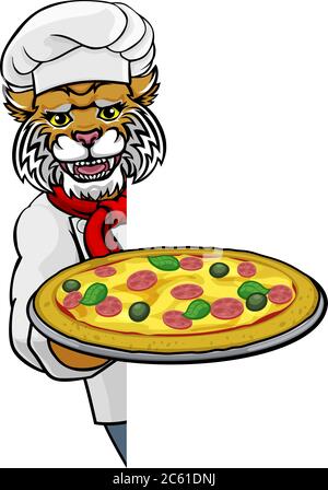 Wildcat Pizza Chef Cartoon Restaurant Mascot Sign Stock Vector