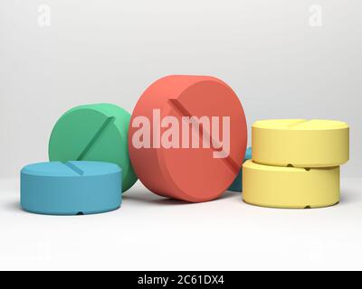 Colorful pills are on white backgroumd with soft illumination, 3d rendering illustration Stock Photo