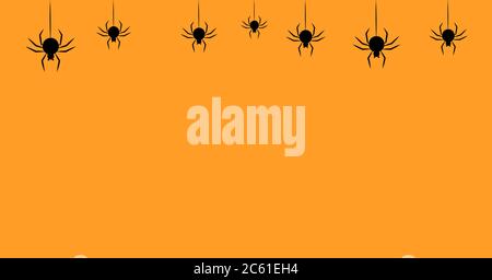 Halloween orange background decoration with spider hanging on a thread. Halloween wallpaper for kids Stock Vector