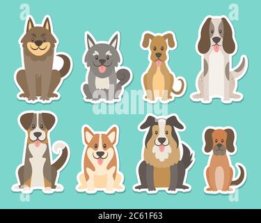 Sticker collection of different kinds of dogs. Sat dogs in front view position. Corgi, sheepdog, settle, terrier. Vector illustration. Stock Vector