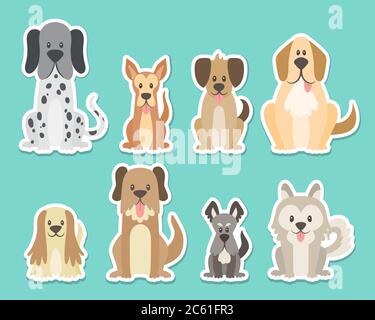 Sticker collection of different kinds of dogs. Sat dogs in front view position. Dalmatian, schnauzer, coker, german. Vector illustration. Stock Vector