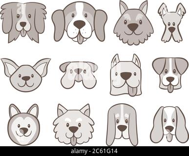 Hand drawn dog faces collection. Avatar icon set isolated on white. Vector illustration. Stock Vector