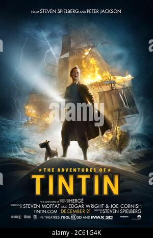 The Adventures of Tintin: The Secret of the Unicorn (2011) directed by Steven Spielberg and starring Jamie Bell, Andy Serkis, Daniel Craig, Nick Frost and Simon Pegg. Big screen adaptation of Hergé's beloved comic book, Tintin sets off on a treasure hunt with Captain Haddock. Stock Photo