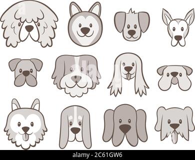 Hand drawn dog faces collection. Avatar icon set isolated on white. Vector illustration. Stock Vector