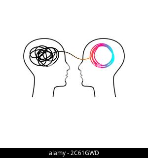 Training icon, symbol of coaching, psychological support, therapy logo. Two abstract profiles with tangled and untangled tangles Stock Vector