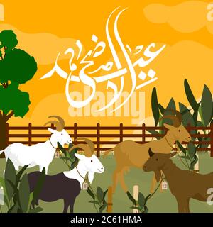 Horned goat character will be slaughtered on holy day of ied al adha with flat cartoon style. Stock Vector