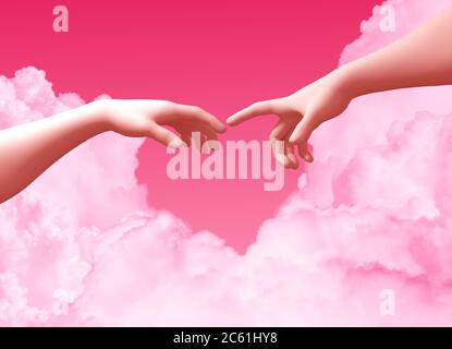 Two Hands And Clouds On Pink Background Create A Heart Shape Stock Photo