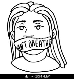 I can't breathe text on white isolated backdrop. Woman activist blm for invitation or gift card, social banner, news blog, flyer. Phone case or cloth Stock Vector