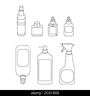 Sticker set mockup on white isolated backdrop. Black line cleaner for social banner, hygiene promotion, color book. Household goods store logo or info Stock Vector
