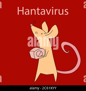 Hantavirus text on red backdrop. Yellow rat for social banner, medical or propaganda poster, social network warning or info card. Phone case or cloth Stock Vector
