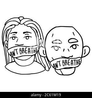 I can't breathe text on white isolated backdrop. Woman and man blm protesters for invitation card, social banner, news blog, flyer. Phone case or clot Stock Vector