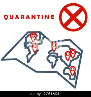 Quarantine text on white isolated backdrop. Infection map icon for social banner, medical or propaganda poster, social network warning, info card. Clo Stock Vector
