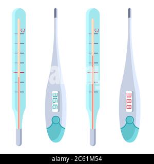 Body thermometers on white isolated backdrop. Sticker set for social banner or propaganda, website element, medical poster. Chemist shop logo or info Stock Vector