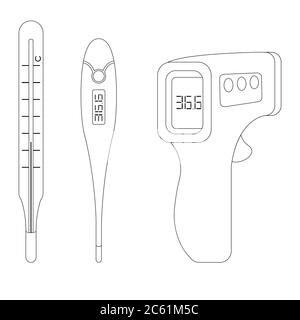 Black line thermometers on white isolated backdrop. Sticker set for social banner, web element, temp check icon, medical poster. Chemist shop logo or Stock Vector