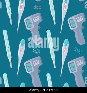 Thermometers on blue backdrop. Medical seamless pattern for apparel, wallpaper, wrap paper, sleeper, bath tile or bed linen. Phone case or cloth print Stock Vector
