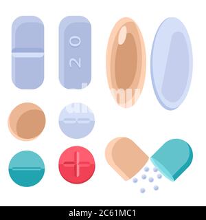 Pills sticker set on white isolated backdrop. Antibiotic tablets for social banner, medical poster, web template or cloth print. Chemist shop logo or Stock Vector