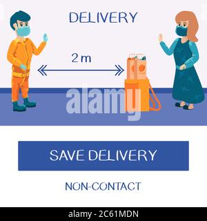 Save delivery text on white backdrop. People in masks for medical or social banner, online web store, courier service poster. Online shop logo or info Stock Vector