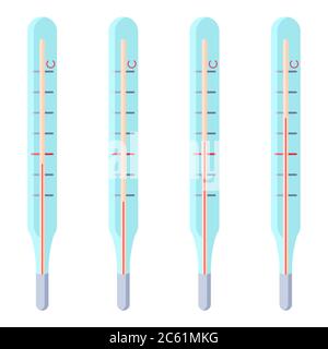Mercury thermometers on white isolated backdrop. Sticker set for social banner or propaganda, website element, medical poster. Chemist shop logo or in Stock Vector