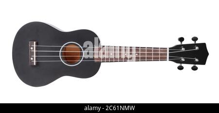 Black guitar isolated on white background, horizontal.