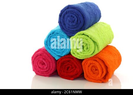 Stack Of Neatly Folded Colorful Kitchen Towels, On White Background. Stock  Photo, Picture and Royalty Free Image. Image 91284583.