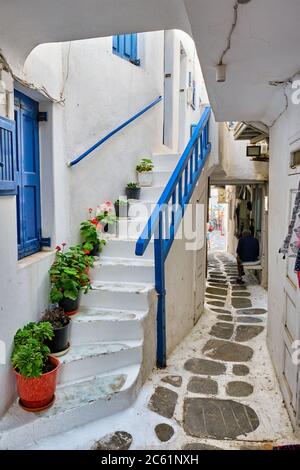 Greek Mykonos street on Mykonos island, Greece Stock Photo